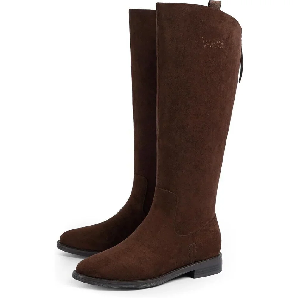 Women's A-suede chocolate  Rounded Toe Flat Low Chunky Zip Heel Knee High Boots